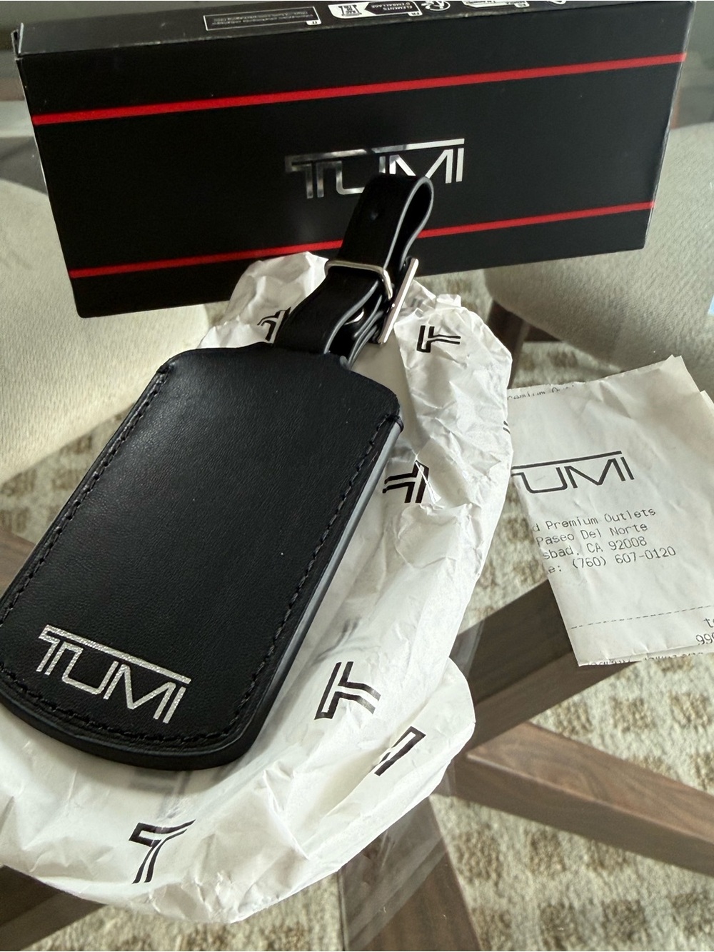Tumi Black Leather Luggage Tag with Silver Logo